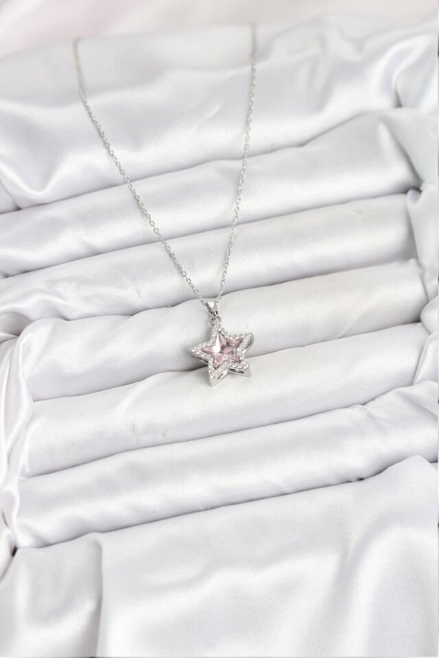 316L Çelik Zincir Gümüş Renk Pembe Taşlı Yıldız Model Kadın Kolye