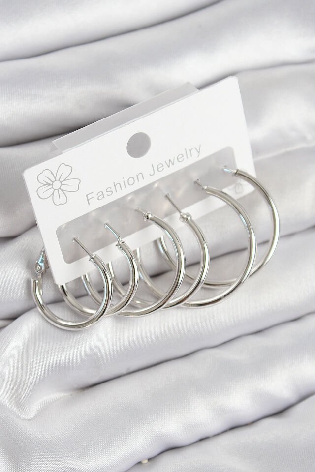 Pirinç Halka Model Gümüş Renk Kadın Set Küpe