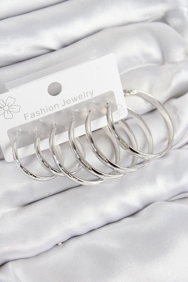 Pirinç Halka Model Gümüş Renk Kadın Set Küpe