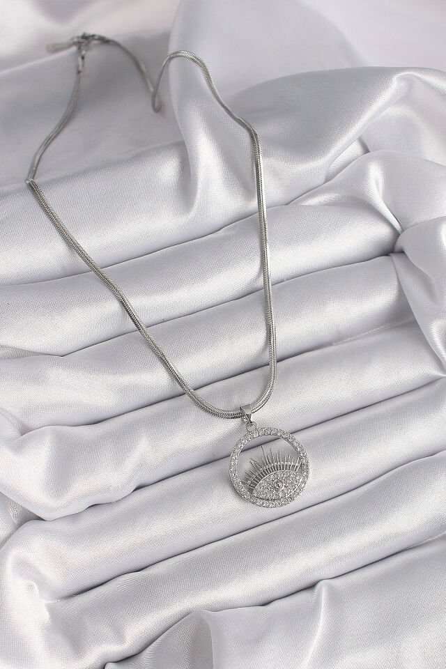 316L Çelik Gümüş Renk İtalyan Zincir Zirkon Taşlı Göz Model Kadın Kolye