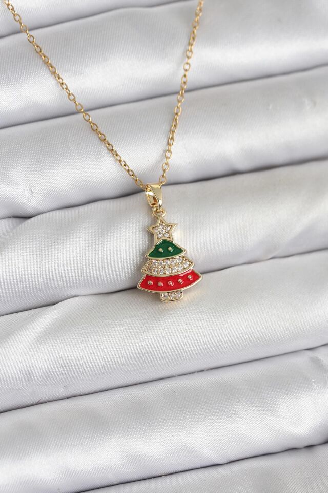316L Çelik Zincir Gold Ren Çam Ağacı Model Zirkon Taşlı Yılbaşı Temalı Kadın Kolye