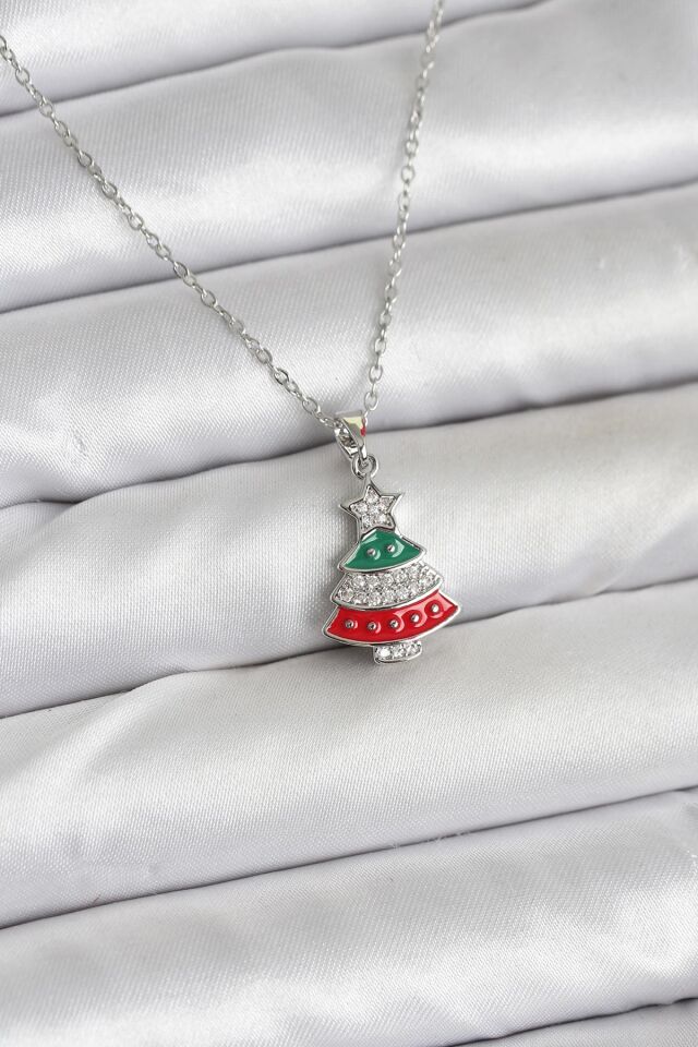 316L Çelik Zincir Gümüş Ren Çam Ağacı Model Zirkon Taşlı Yılbaşı Temalı Kadın Kolye