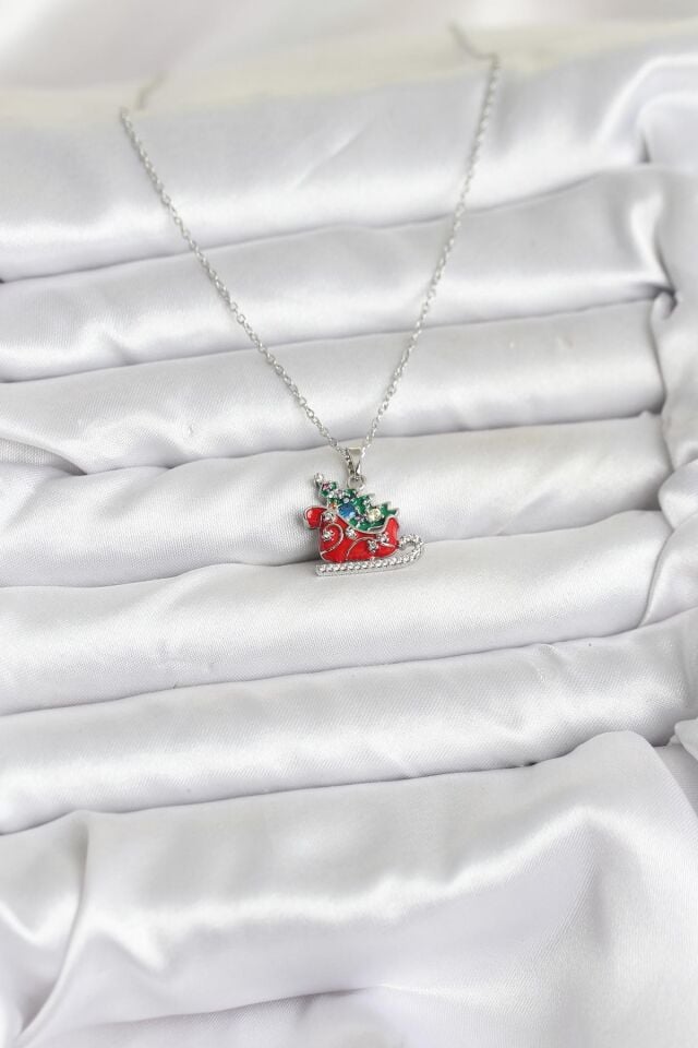 316L Çelik Zincir Gümüş Renk Kızak ve Çam Ağacı Figürlü Yılbaşı Temalı Kadın Kolye