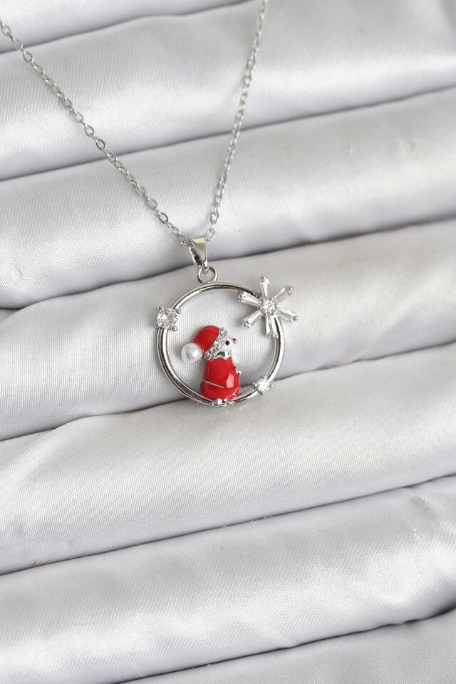 316L Çelik Zincir Gümüş Zirkon Taşlı Yılbaşı Tema Kadın Kolye