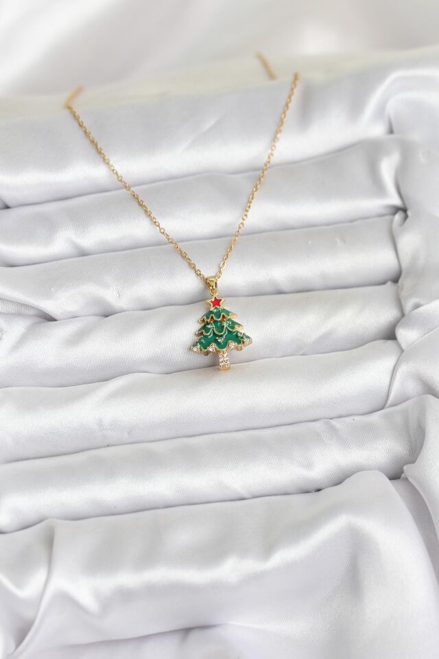 316L Çelik Zincir Gold Renk Çam Ağacı Model Yılbaşı Temalı Kadın Kolye