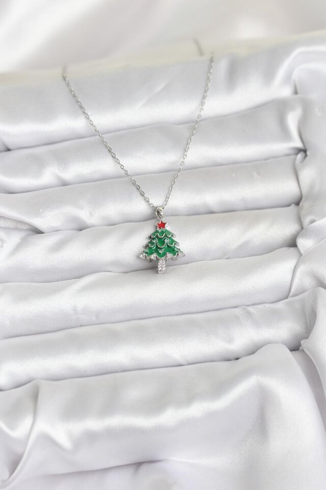 316L Çelik Zincir Gümüş Renk Çam Ağacı Model Yılbaşı Temalı Kadın Kolye