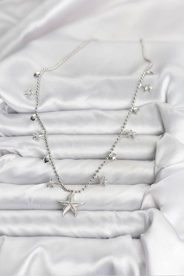 Pirinç Gümüş Renk Zirkon Taşlı Deniz Yıldızı Model Kadın Kolye