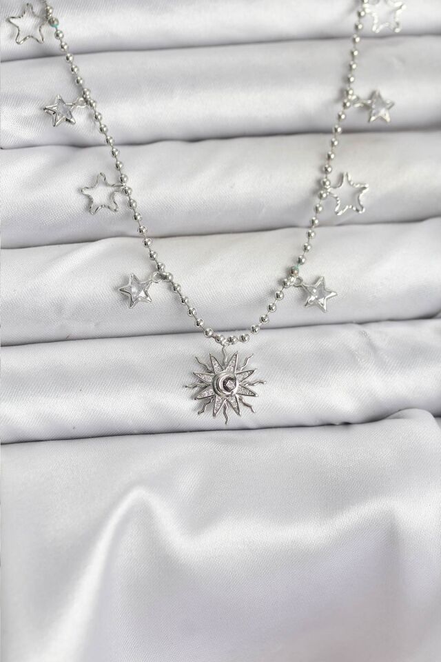 Pirinç Gümüş Renk Güneş Model Kadın Kolye