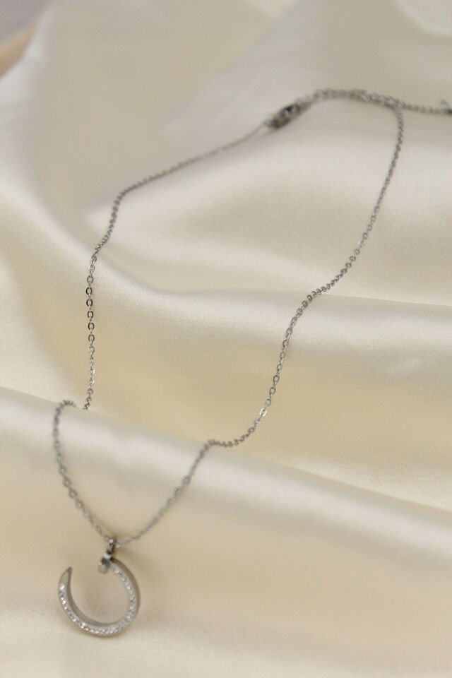 Çelik Silver Renk Zirkon Taşlı Çivi Model Kadın Kolye