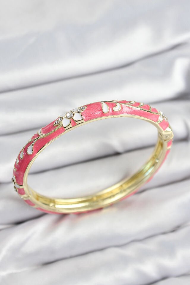 Mineli Pirinç Zirkon Taşlı Pembe Çiçek Motifli Gold Kadın Kelepçe