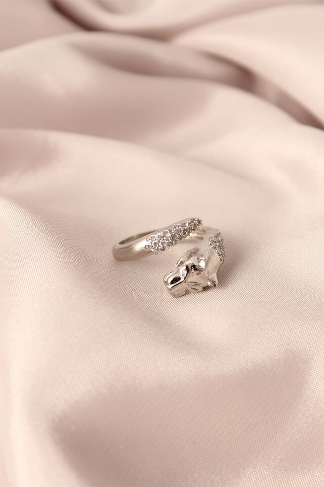 Gümüş Renk Metal Zirkon Taşlı Kaplan Model Ayarlanabilir Kadın Yüzük