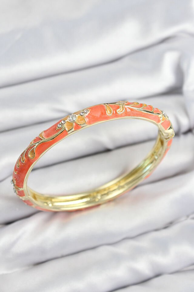 Mineli Pirinç Zirkon Taşlı Turuncu Çiçek Motifli Gold Kadın Kelepçe