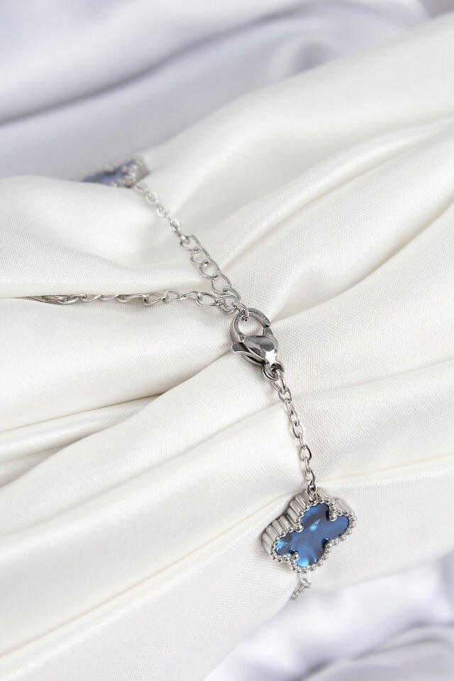 316L Çelik Sedefli Lacivert Gümüş Renk Yonca Kadın Bileklik