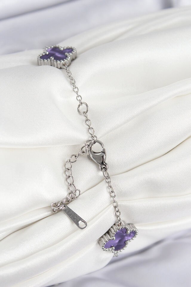 316L Çelik Sedefli Mor Gümüş Renk Yonca Kadın Bileklik