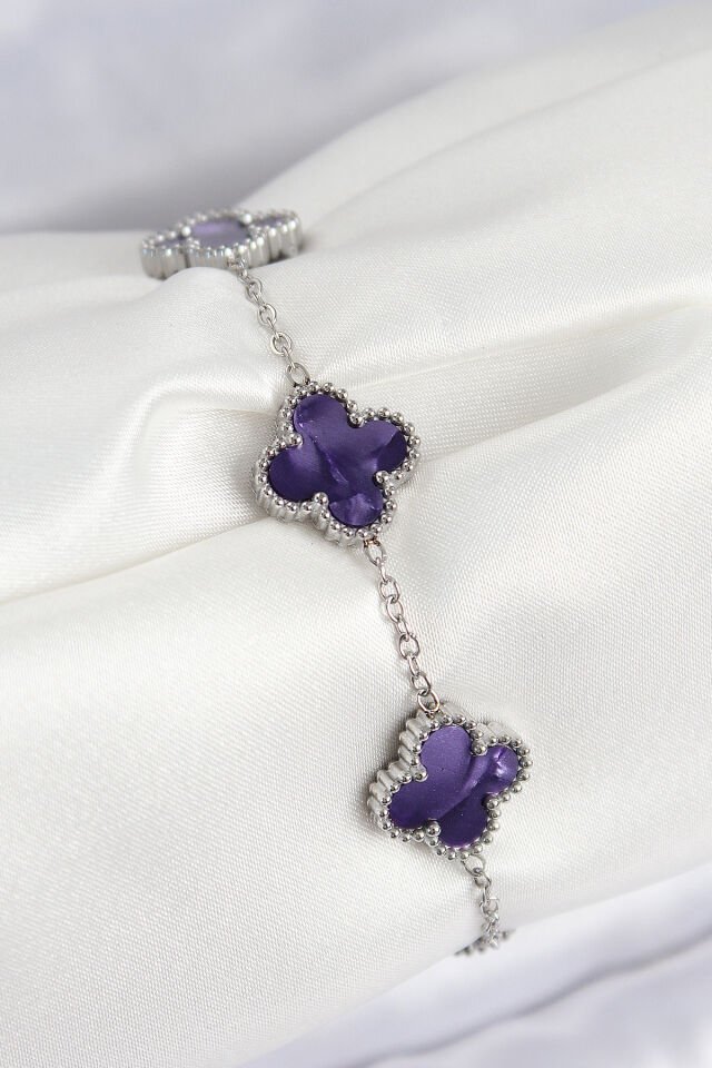 316L Çelik Sedefli Mor Gümüş Renk Yonca Kadın Bileklik