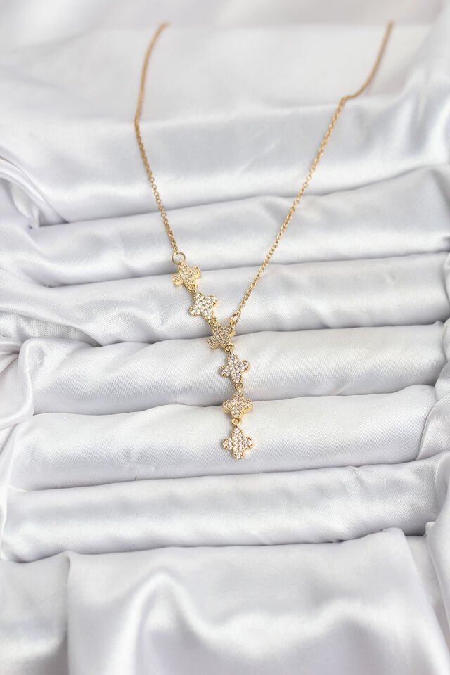 316L Çelik Zincir Gold Renk Yonca Model Kadın Kolye