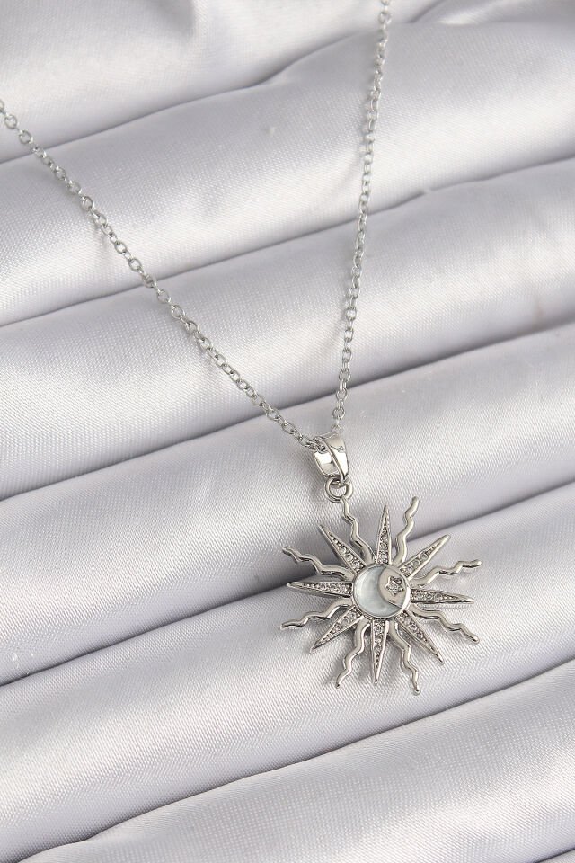 316L Çelik Gümüş Renk Zincir Zirkon Taşlı Güneş Model Sedefli Ay İşleme Detay Kadın Kolye