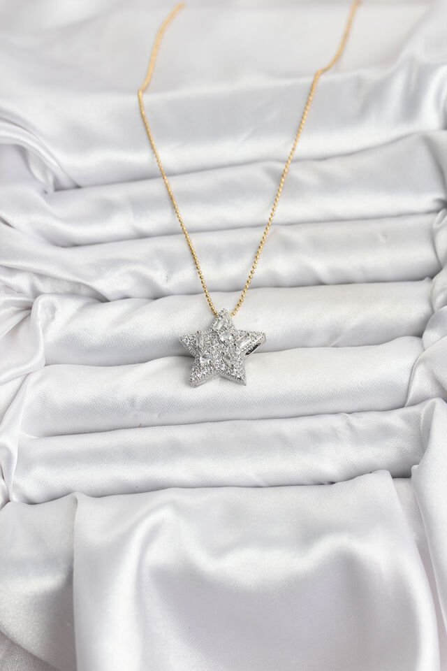 316L Çelik Zincir Gold Renk Zincirli Gümüş Yıldız Model Kadın Kolye
