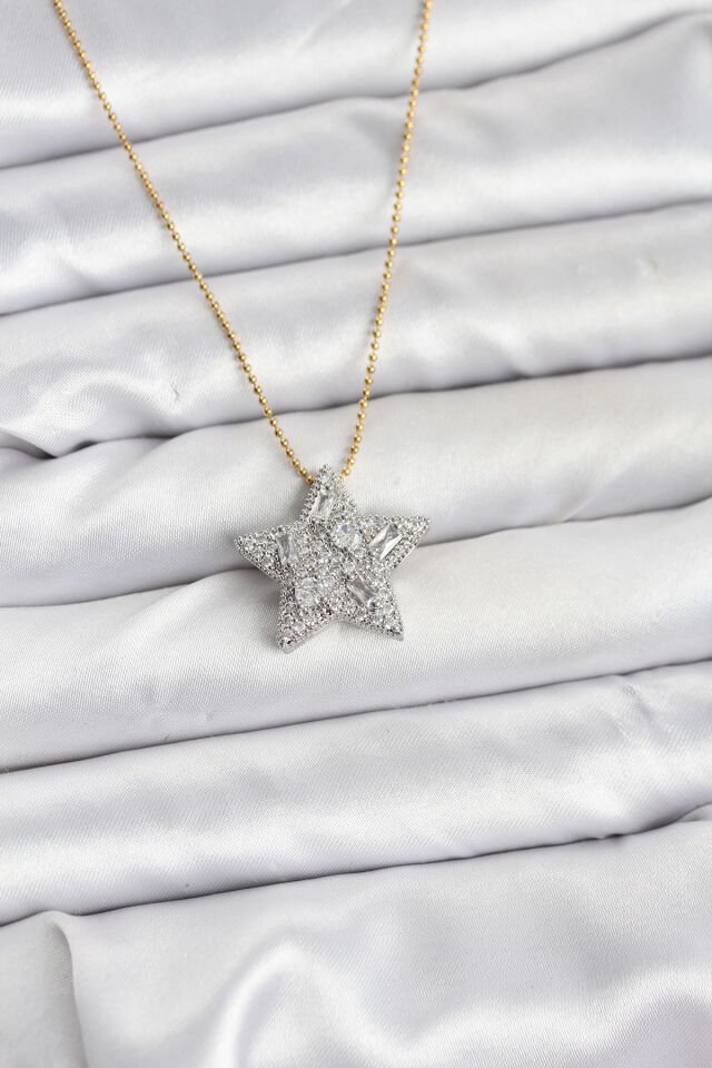 316L Çelik Zincir Gold Renk Zincirli Gümüş Yıldız Model Kadın Kolye