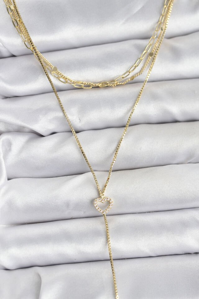 Pirinç Gold Renk Kalp Detaylı 3'lü Kombin Y Kadın Kolye