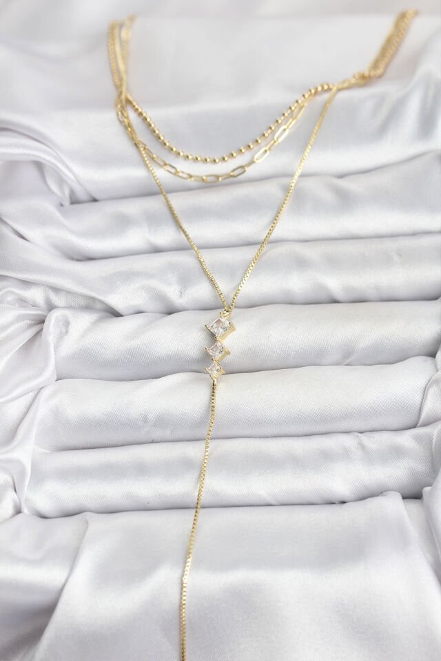 Pirinç Gold Renk Zirkon Taş Detaylı 3'lü Kombin Y Kadın Kolye