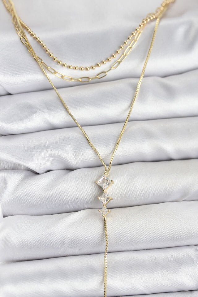 Pirinç Gold Renk Zirkon Taş Detaylı 3'lü Kombin Y Kadın Kolye