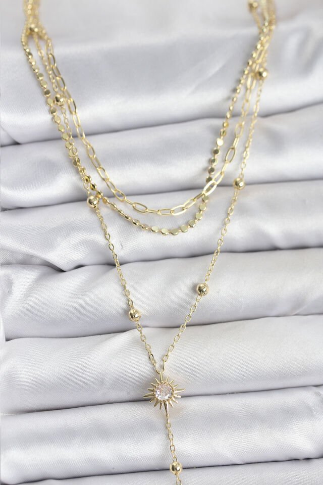 Pirinç Gold Renk Güneş Model Detaylı 3'lü Kombin Y Kadın Kolye