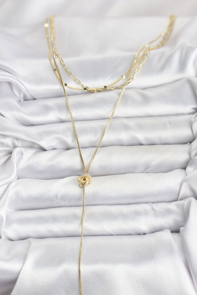 Pirinç Gold Renk Düğüm Model Detaylı 3'lü Kombin Y Kadın Kolye