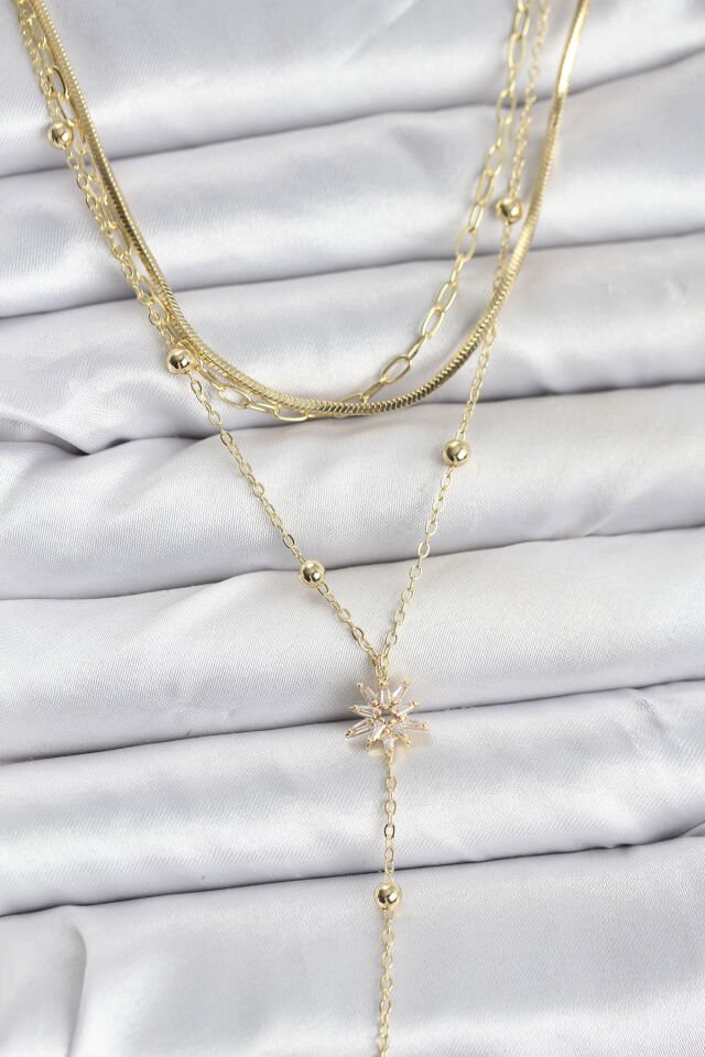 Pirinç Gold Renk Kutup Yıldızı Model Detaylı 3'lü Kombin Y Kadın Kolye