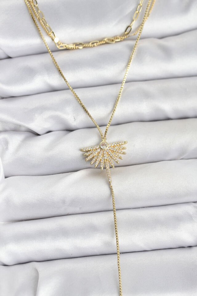 Pirinç Gold Renk Zirkon Taşlı Yelpaze Model Detaylı 3'lü Kombin Y Kadın Kolye