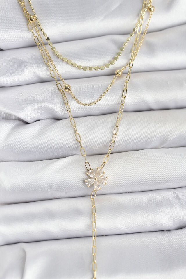 Pirinç Gold Renk Zirkon Taşlı Çiçek Model Detaylı 3'lü Kombin Y Kadın Kolye