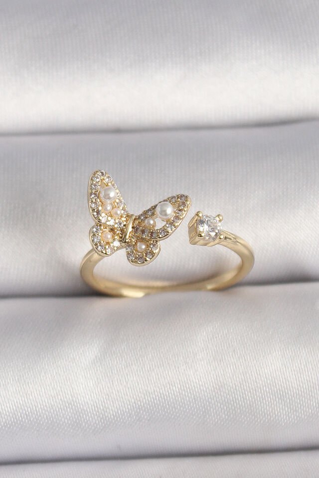 Pirinç Gold Renk Zirkon Taşlı Kelebek Model İnci Detay Ayarlanabilir Yüzük