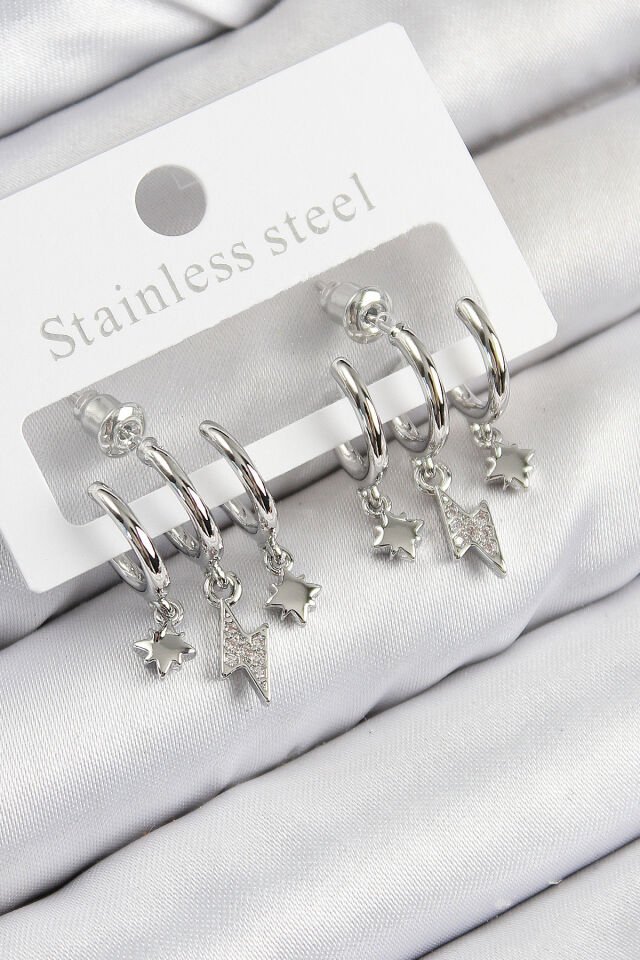 Pirinç Zirkon Taşlı Şimşek Model Gümüş Renk Kadın Küpe