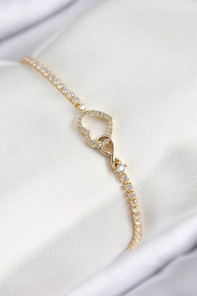 Pirinç Zirkon Taşlı Sonsuzluk Kalp Model Gold Renk Kadın Bileklik