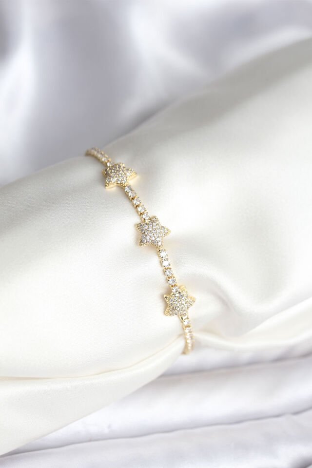 Yıldız Model Zirkon Taşlı Gold Renk Pirinç Su Yolu Kadın Bileklik
