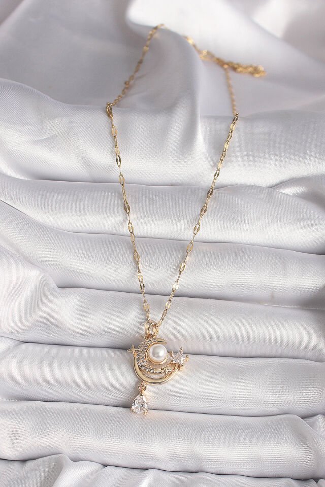 316L Gold Renk Zirkon Taşlı Ay Yıldız Model Sallantı Detay Kadın Kolye