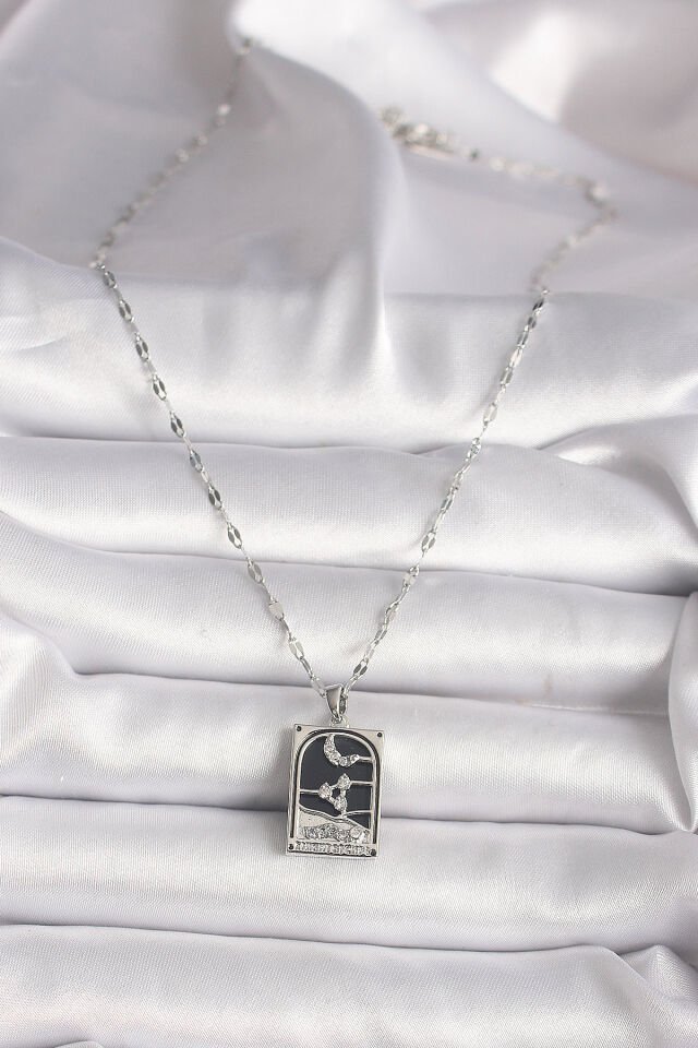 316L Çelik Gümüş Renk Zirkon Taşlı  Ay Figürlü Taror Model Kadın Kolye