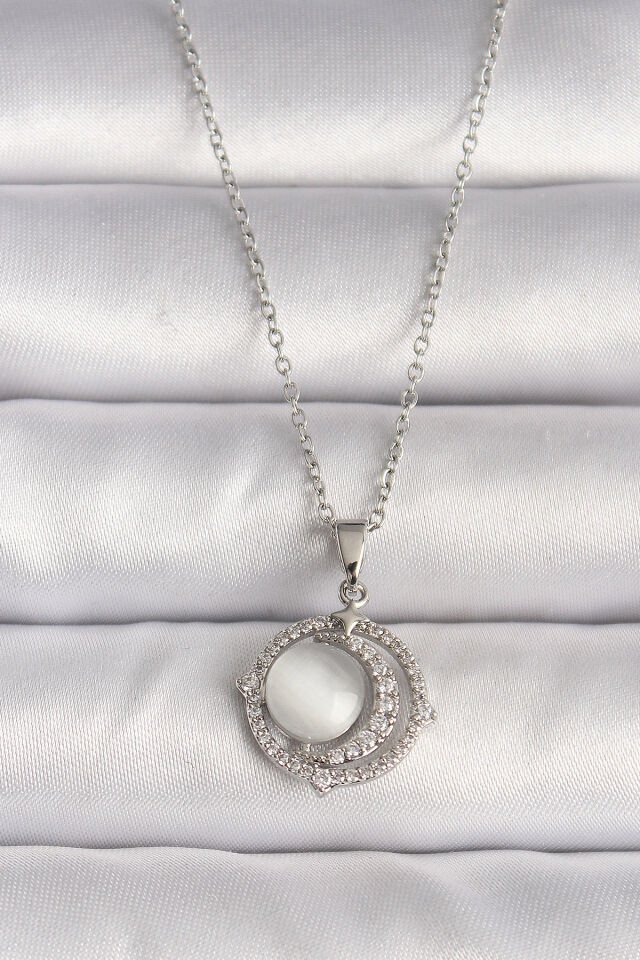 316L Çelik Gümüş Renk Zirkon Taşlı Beyaz Sedefli Hilal Model Kadın Kolye