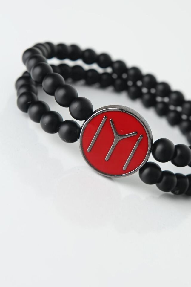 Bordo Renkli Metal Üzerine Füme Kayı Boyu Figürlü Siyah Renk Çift Sıra Doğal Taş Erkek Bileklik