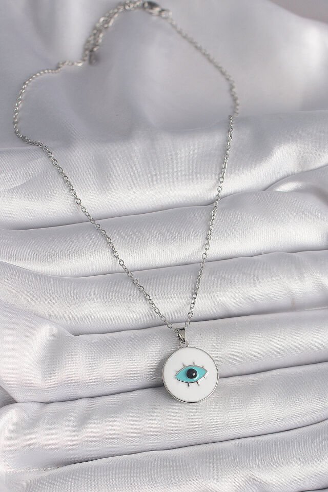316L Çelik Gümüş Renk Zincir Beyaz Mineli Turkuaz Göz İşleme Model Kadın Kolye