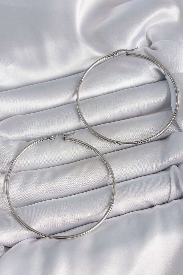 316 Çelik Gümüş Renk 63 mm Halka Model Kadın Küpe