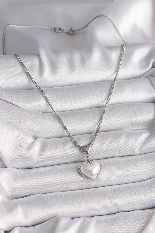316L Çelik Gümüş Renk Zincir 3D Kalp Model Kadın Kolye