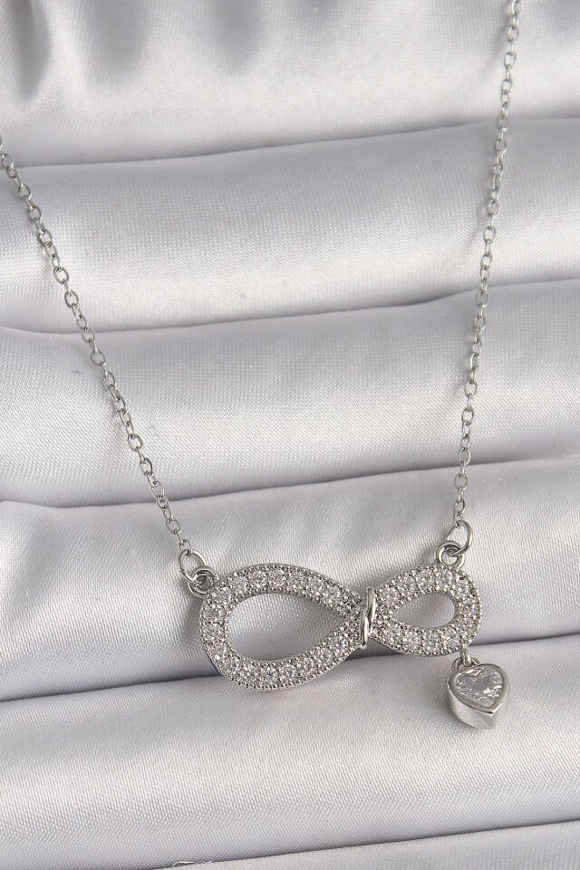 316L Çelik Gümüş Renk Zincir Zirkon Taşlı Sonsuzluk Model Taşlı Kalp Detay Kadın Kolye