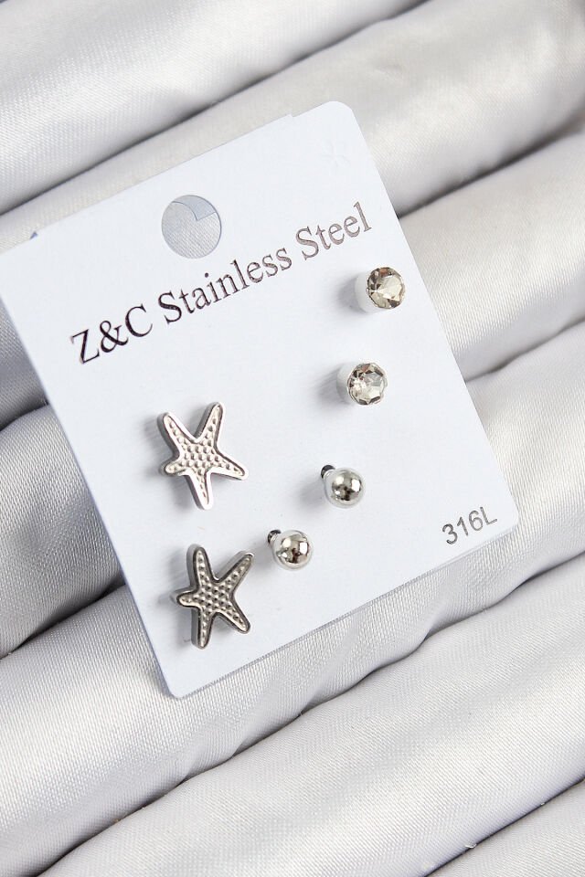 316L Çelik Zirkon Taşlı Deniz Yıldızı Model Gümüş Renk Kadın Set Küpe
