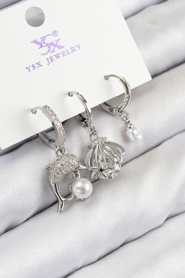 Pirinç Zirkon Taşlı 3'lü Yunus Balığı Ve İstiridye Model Gümüş Renk Kadın Küpe