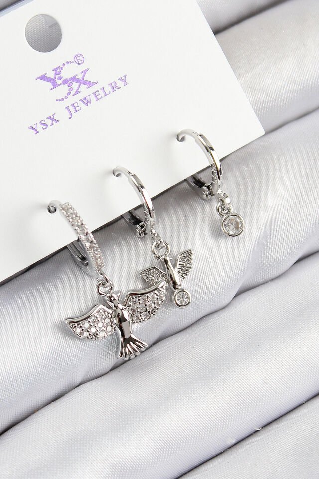 Pirinç Zirkon Taşlı 3'lü Kuş Model Gümüş Renk Kadın Küpe