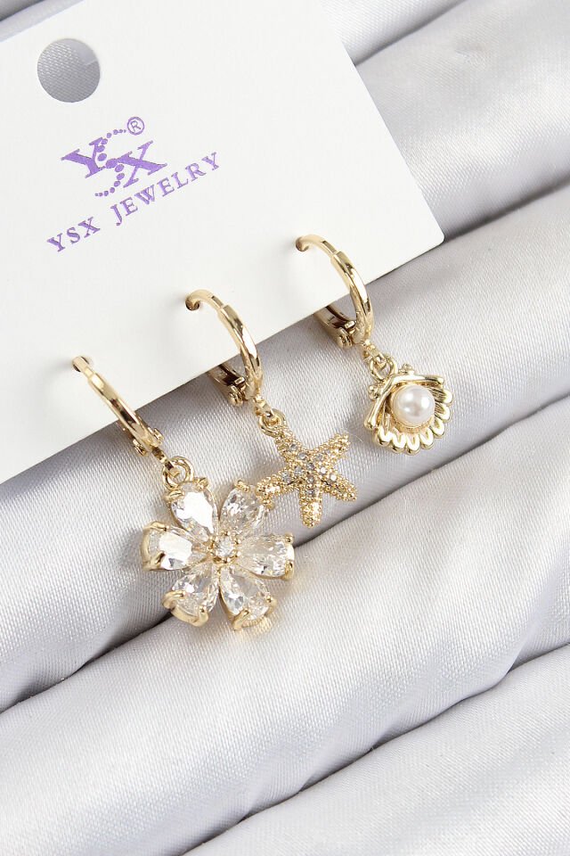 Pirinç Zirkon Taşlı 3'lü İstiridye Ve Çiçek Model Gold Renk Kadın Küpe