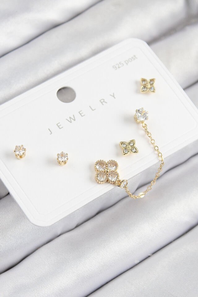 Pirinç Zirkon Taşlı Yonca Model Gold Renk 925 Ayar Gümüş Çivi Kadın Küpe Set