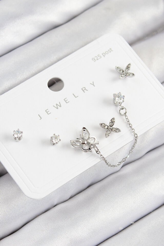 Pirinç Zirkon Taşlı Kelebek Model Gümüş Renk 925 Ayar Gümüş Çivi Kadın Küpe Set