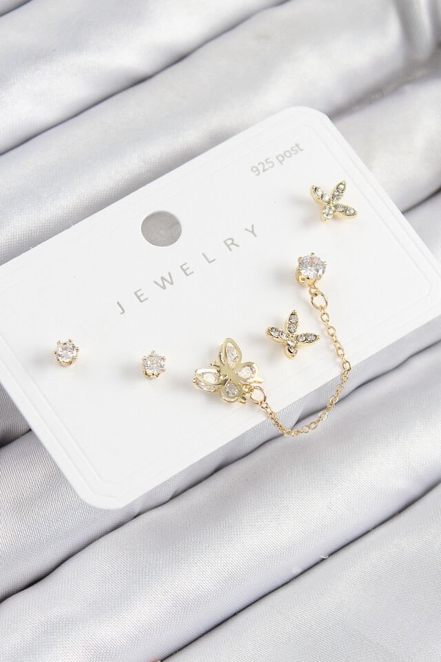 Pirinç Zirkon Taşlı Kelebek Model Gold Renk 925 Ayar Gümüş Çivi Kadın Küpe Set